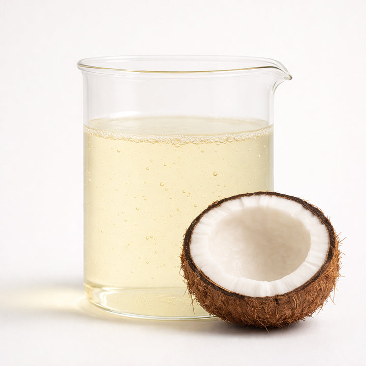 Coconut and a clear liquid in a glass beaker.