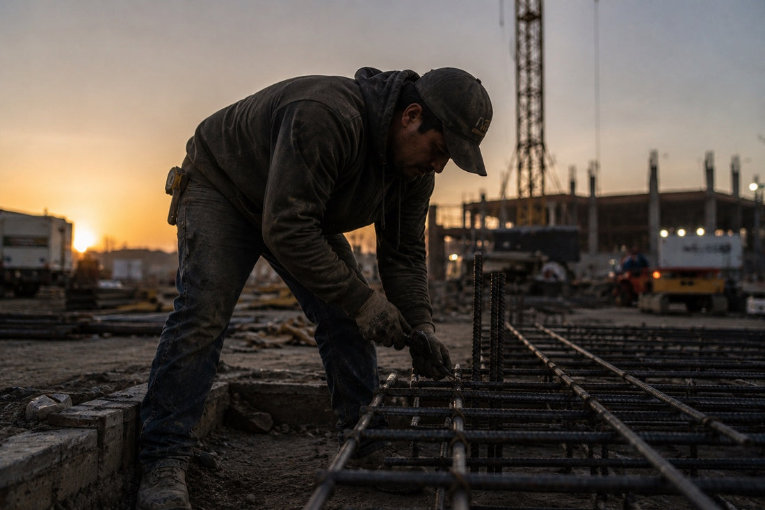 A worker tying rebar on a construction site at sunset.