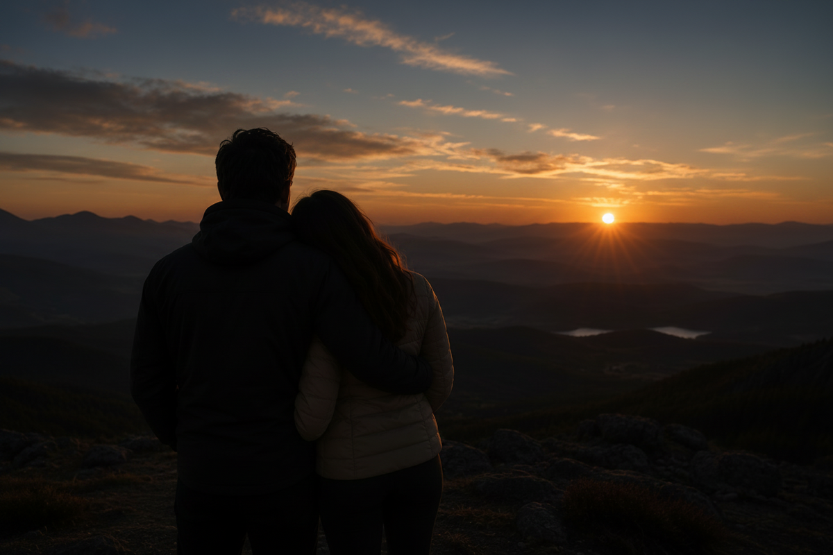 A couple looking toward the sunset over the mountains.